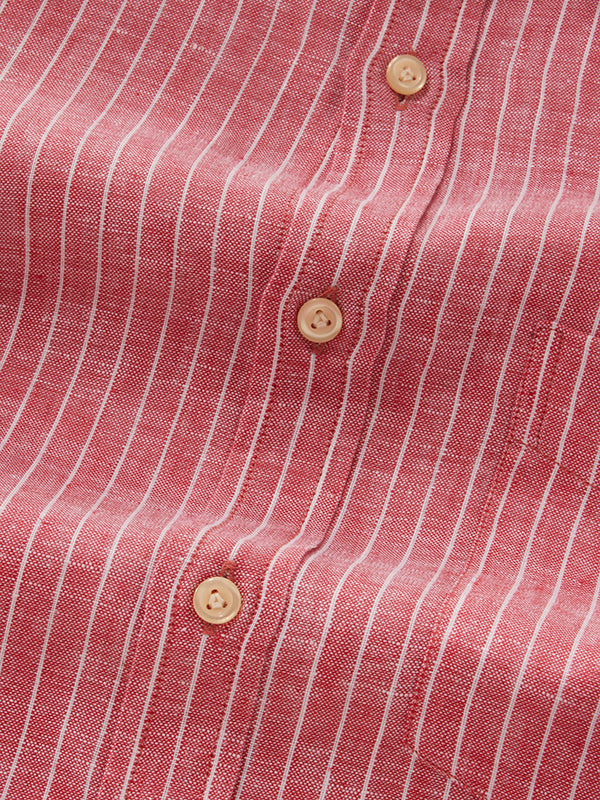 Positano Red Striped Full Sleeve Single Cuff Classic Fit Semi Formal French Flax Linen Shirt
