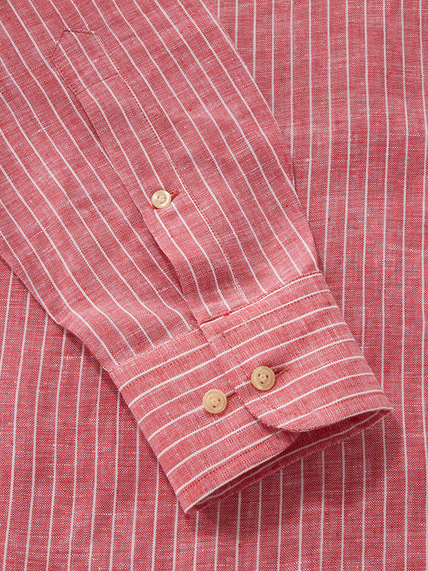 Positano Red Striped Full Sleeve Single Cuff Classic Fit Semi Formal French Flax Linen Shirt