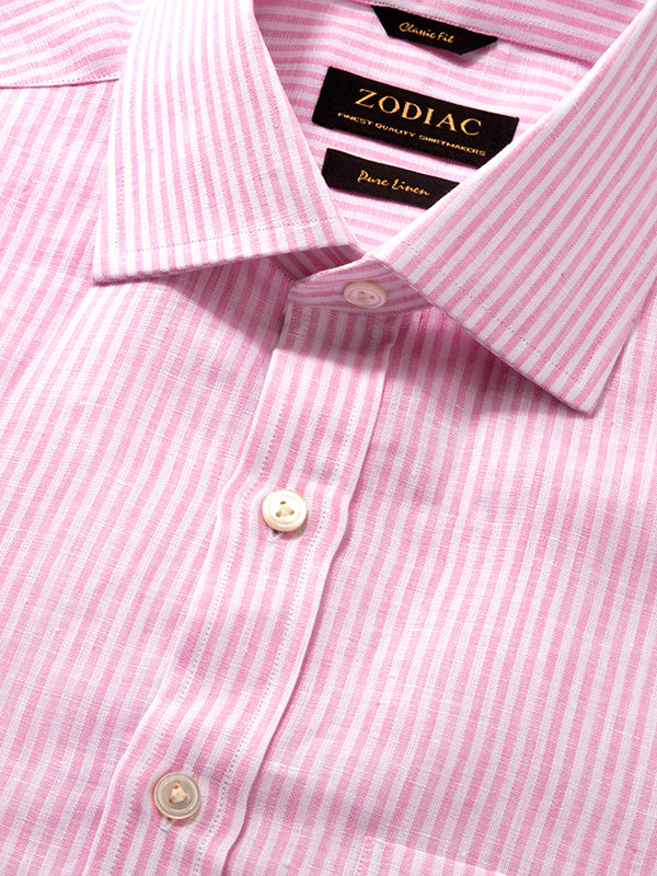Positano Pink Striped Full Sleeve Single Cuff Classic Fit Semi Formal European Flax Linen Shirt