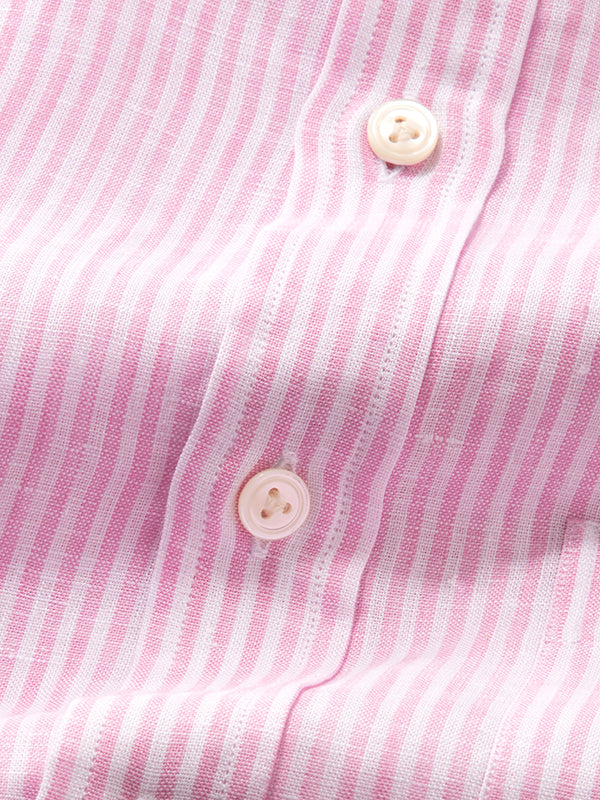 Positano Pink Striped Full Sleeve Single Cuff Classic Fit Semi Formal European Flax Linen Shirt