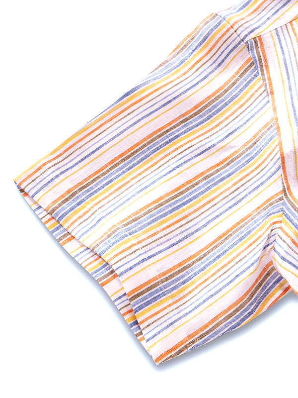Positano Orange Striped Half Sleeve Classic Fit Semi Formal European Flax Linen Shirt