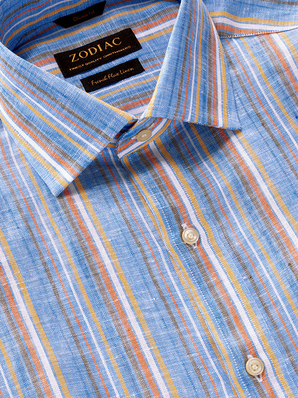 Positano Blue Striped Full Sleeve Single Cuff Classic Fit Semi Formal French Flax Linen Shirt