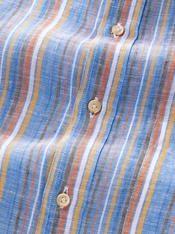 Positano Blue Striped Full Sleeve Single Cuff Classic Fit Semi Formal French Flax Linen Shirt