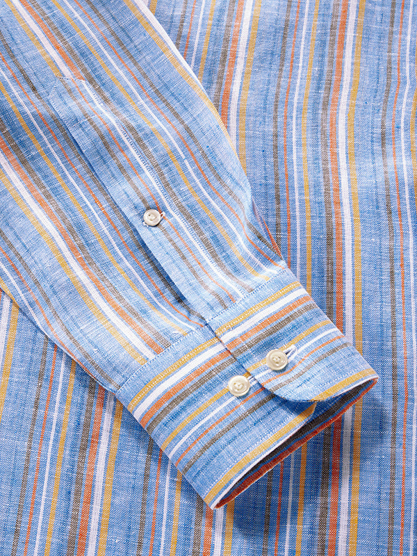 Positano Blue Striped Full Sleeve Single Cuff Classic Fit Semi Formal French Flax Linen Shirt
