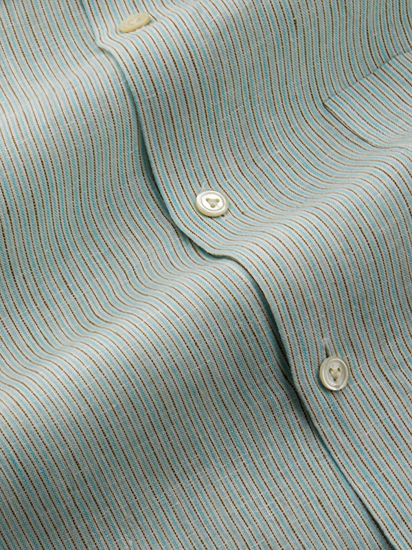 Positano Aqua Striped Full Sleeve Single Cuff Tailored Fit Semi Formal European Flax Linen Shirt