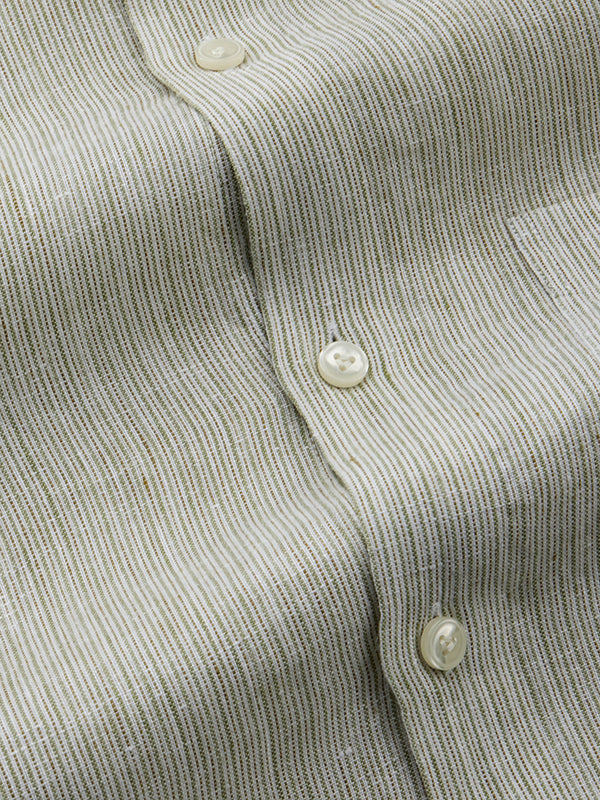 Positano Mint Striped Full Sleeve Single Cuff Tailored Fit Semi Formal French Flax Linen Shirt