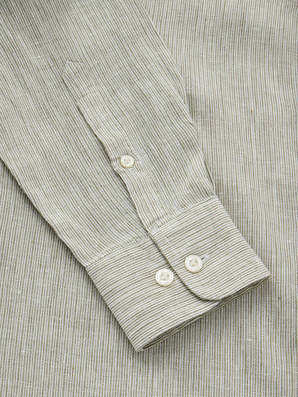 Positano Mint Striped Full Sleeve Single Cuff Tailored Fit Semi Formal French Flax Linen Shirt