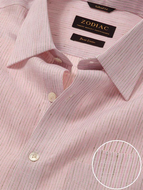 Positano Pink Striped Full Sleeve Single Cuff Tailored Fit Semi Formal French Flax Linen Shirt