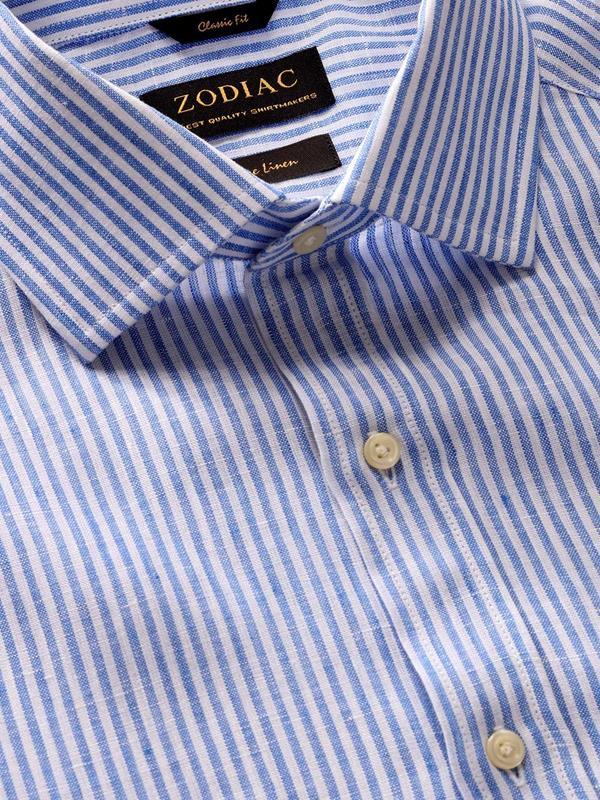 Positano Blue Striped Full Sleeve Single Cuff Classic Fit Semi Formal French Flax Linen Shirt