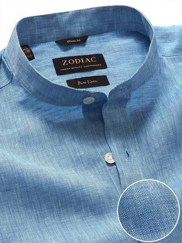 Positano Blue Solid Full Sleeve Single Cuff Classic Fit Semi Formal European Flax Linen Shirt