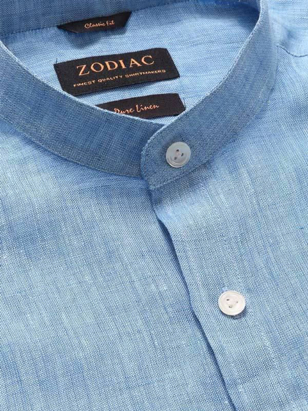Positano Blue Solid Full Sleeve Single Cuff Classic Fit Semi Formal European Flax Linen Shirt