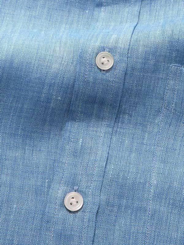 Positano Blue Solid Full Sleeve Single Cuff Classic Fit Semi Formal European Flax Linen Shirt