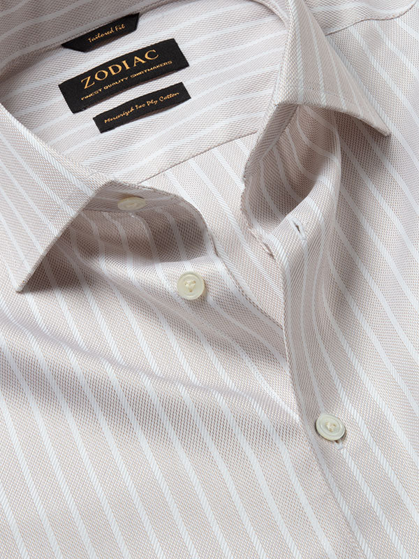 Marcello Beige Striped Full Sleeve Single Cuff Tailored Fit Classic Formal Two Ply Mercerized Cotton Shirt