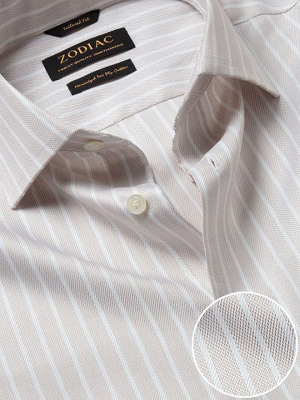 Marcello Beige Striped Full Sleeve Single Cuff Tailored Fit Classic Formal Two Ply Mercerized Cotton Shirt
