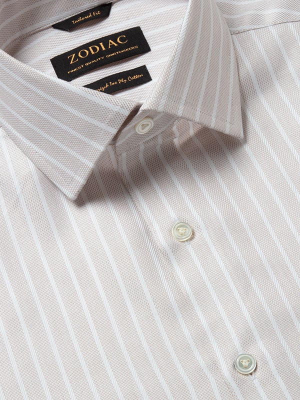Marcello Beige Striped Full Sleeve Single Cuff Tailored Fit Classic Formal Two Ply Mercerized Cotton Shirt