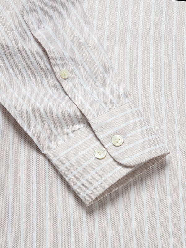 Marcello Beige Striped Full Sleeve Single Cuff Tailored Fit Classic Formal Two Ply Mercerized Cotton Shirt