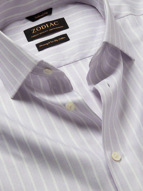 Marcello Lilac Striped Full Sleeve Single Cuff Tailored Fit Classic Formal Two Ply Mercerized Cotton Shirt