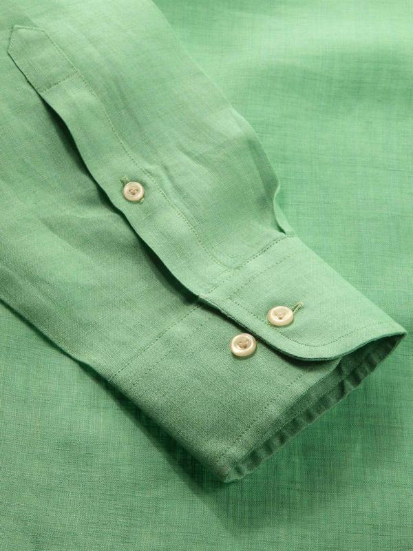 Praiano Green Solid Full Sleeve Single Cuff Tailored Fit Semi Formal French Flax Linen Shirt