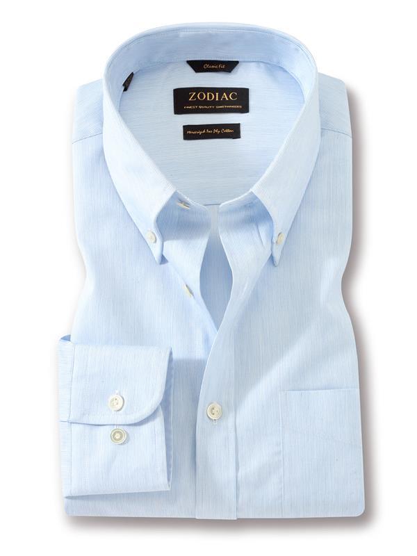 Vercelli Sky Striped Full Sleeve Single Cuff Tailored Fit Semi Formal Two Ply Mercerized Cotton Shirt