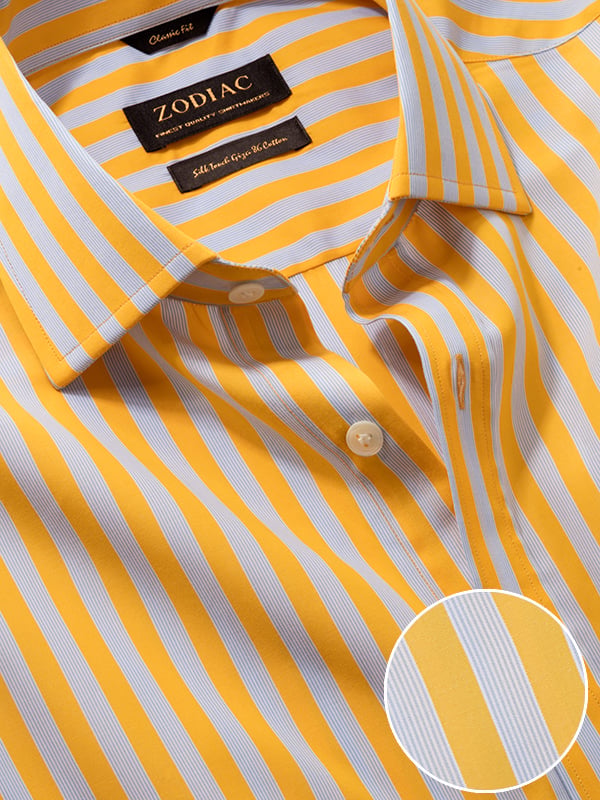 Vivace Yellow Striped Full Sleeve Classic Fit Semi Formal Silk Touch Egyptian Giza Cotton Shirt