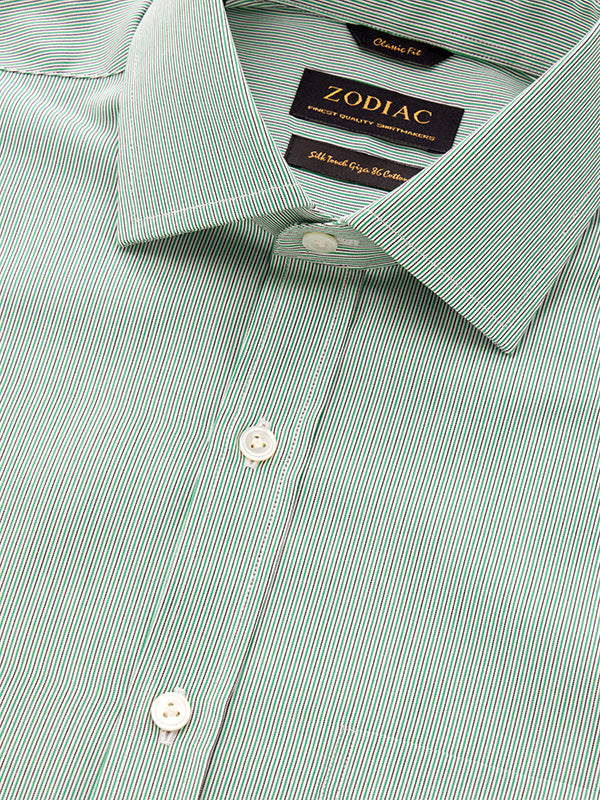 Vivace Green Striped Full Sleeve Single Cuff Classic Fit Semi Formal Silk Touch Egyptian Giza Cotton Shirt