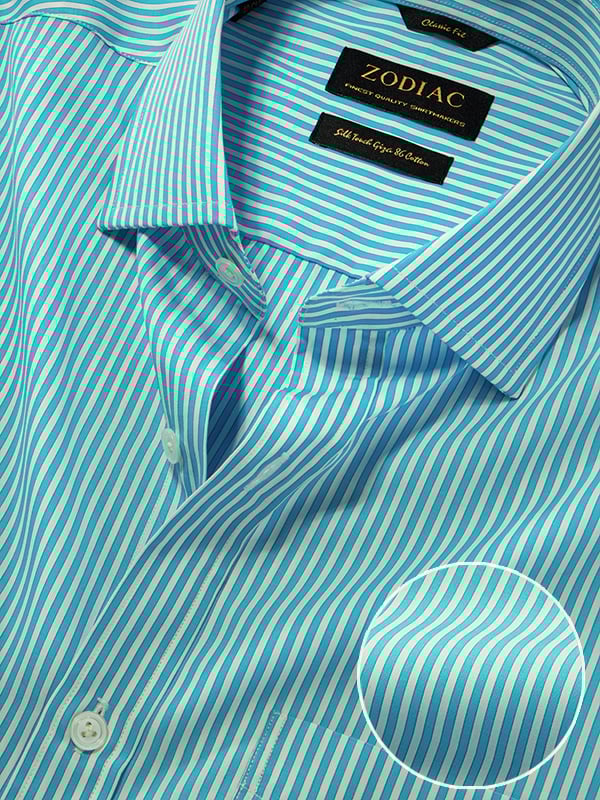 Vivace Aqua Striped Full Sleeve Single Cuff Classic Fit Semi Formal Silk Touch Egyptian Giza Cotton Shirt