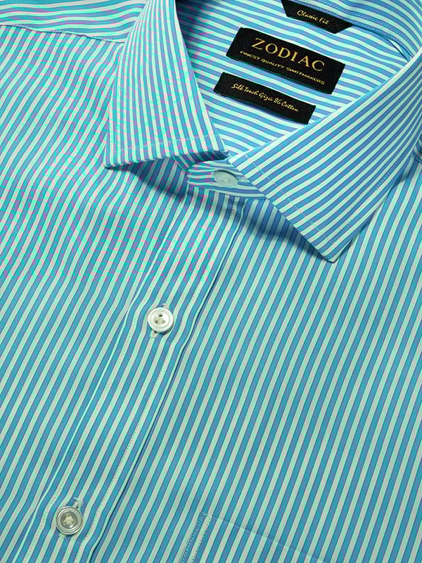 Vivace Aqua Striped Full Sleeve Single Cuff Classic Fit Semi Formal Silk Touch Egyptian Giza Cotton Shirt