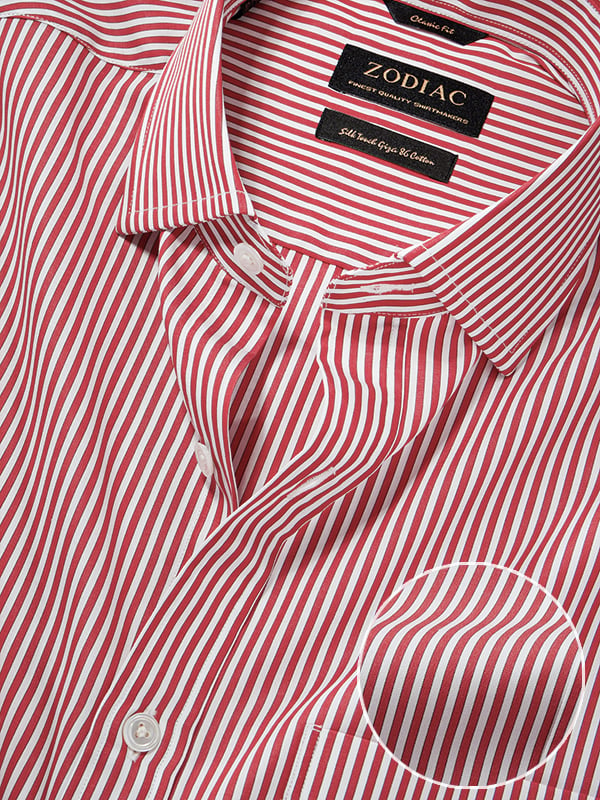 Vivace Red Striped Full Sleeve Single Cuff Classic Fit Semi Formal Silk Touch Egyptian Giza Cotton Shirt