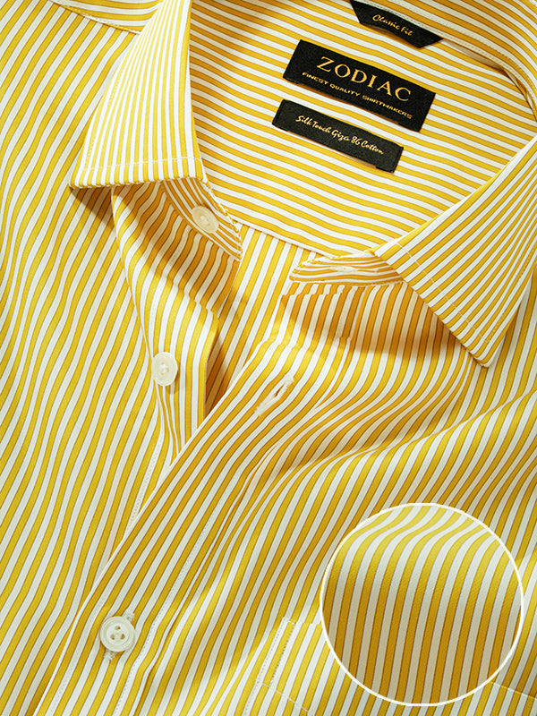 Vivace Yellow Striped Full Sleeve Single Cuff Classic Fit Semi Formal Silk Touch Egyptian Giza Cotton Shirt