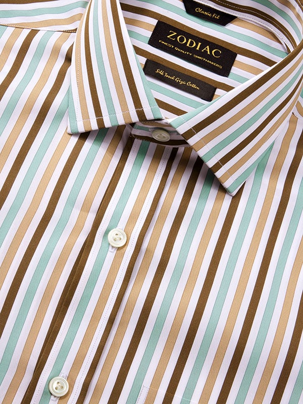 Vivace Camel Striped Full Sleeve Single Cuff Classic Fit Semi Formal Silk Touch Egyptian Giza Cotton Shirt