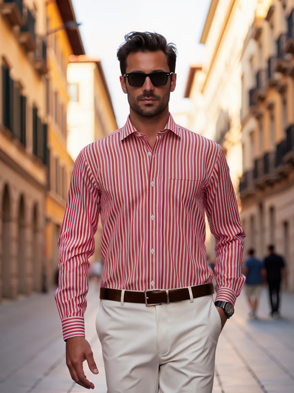 Vivace Red Striped Full Sleeve Single Cuff Classic Fit Semi Formal Silk Touch Egyptian Giza Cotton Shirt
