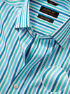 Vivace Turquoise Striped Full Sleeve Single Cuff Classic Fit Semi Formal Silk Touch Egyptian Giza Cotton Shirt