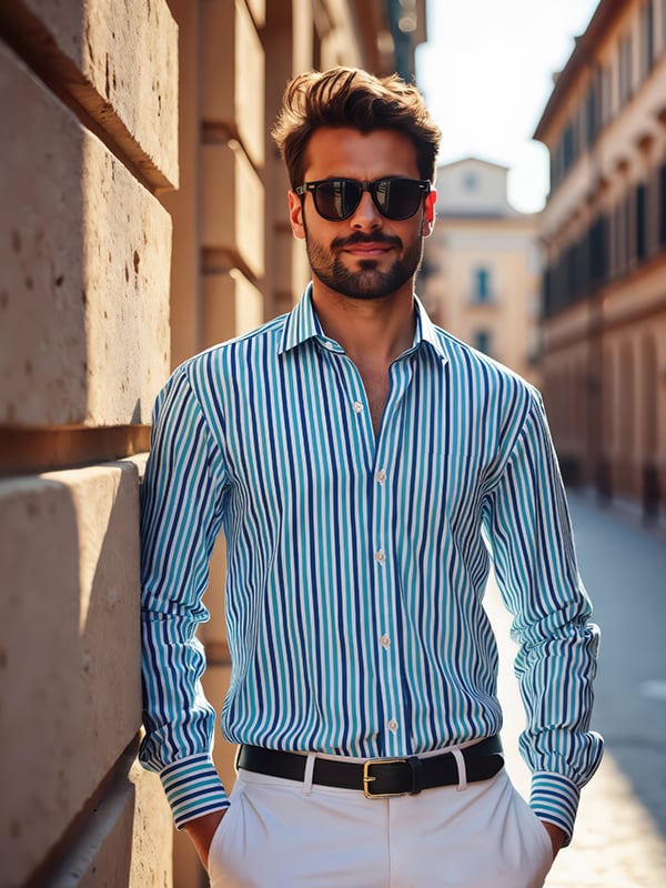 Vivace Turquoise Striped Full Sleeve Single Cuff Classic Fit Semi Formal Silk Touch Egyptian Giza Cotton Shirt