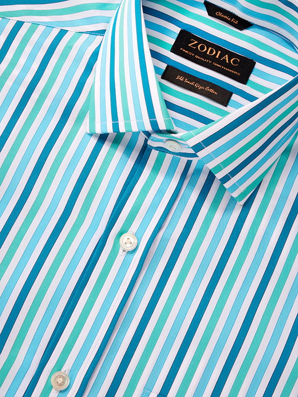 Vivace Turquoise Striped Full Sleeve Single Cuff Classic Fit Semi Formal Silk Touch Egyptian Giza Cotton Shirt