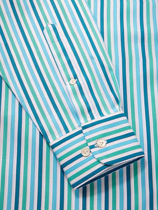 Vivace Turquoise Striped Full Sleeve Single Cuff Classic Fit Semi Formal Silk Touch Egyptian Giza Cotton Shirt