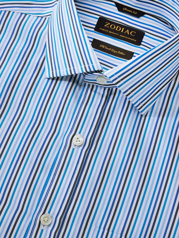 Vivace Blue Striped Full Sleeve Single Cuff Classic Fit Semi Formal Silk Touch Egyptian Giza Cotton Shirt