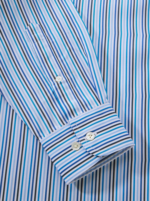 Vivace Blue Striped Full Sleeve Single Cuff Classic Fit Semi Formal Silk Touch Egyptian Giza Cotton Shirt