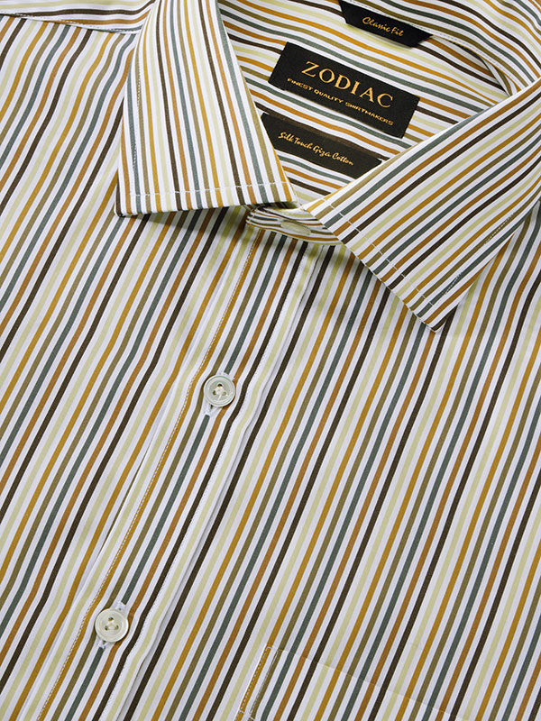 Vivace Brown Striped Full Sleeve Single Cuff Classic Fit Semi Formal Silk Touch Egyptian Giza Cotton Shirt