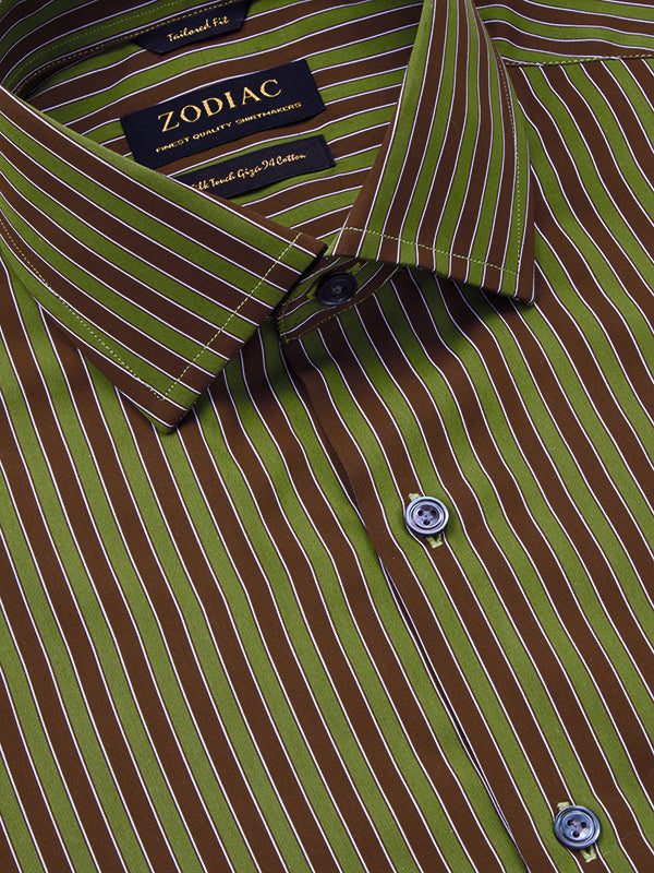 Vivace Green Striped Full Sleeve Single Cuff Tailored Fit Semi Formal Egyptian Giza Silk Touch Cotton Shirt