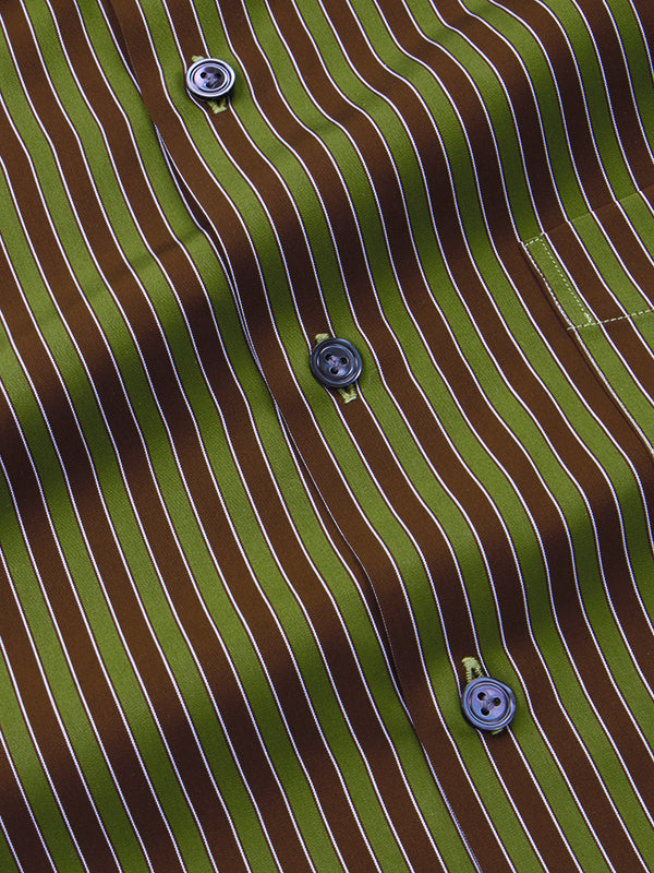Vivace Green Striped Full Sleeve Single Cuff Tailored Fit Semi Formal Egyptian Giza Silk Touch Cotton Shirt