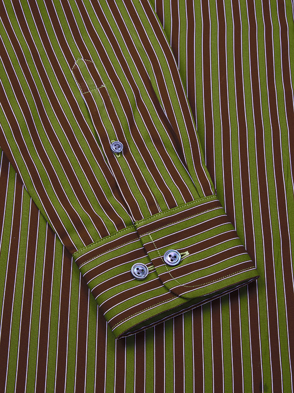 Vivace Green Striped Full Sleeve Single Cuff Tailored Fit Semi Formal Egyptian Giza Silk Touch Cotton Shirt