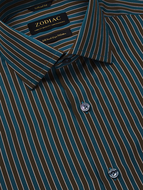 Vivace Teal Striped Full Sleeve Single Cuff Tailored Fit Semi Formal Egyptian Giza Silk Touch Cotton Shirt