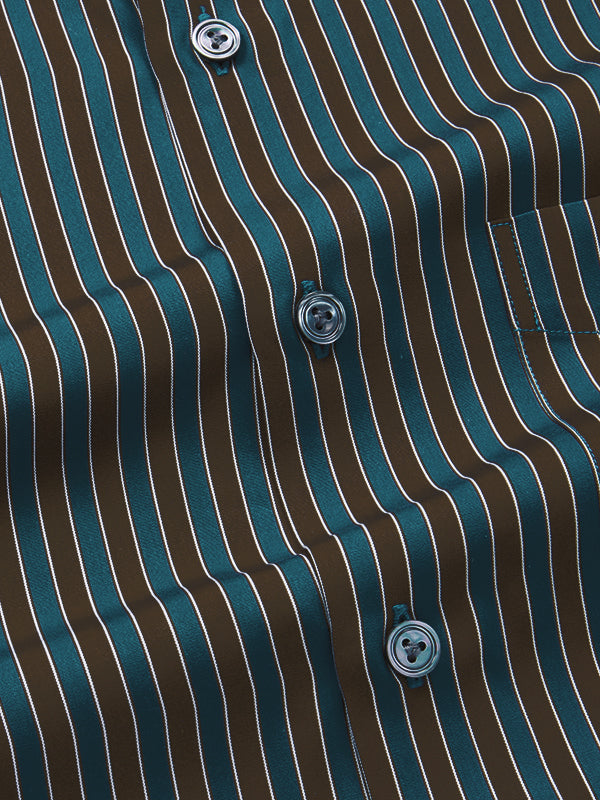 Vivace Teal Striped Full Sleeve Single Cuff Tailored Fit Semi Formal Egyptian Giza Silk Touch Cotton Shirt