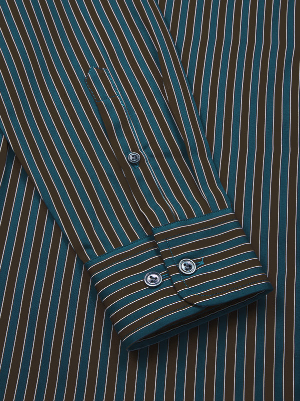 Vivace Teal Striped Full Sleeve Single Cuff Tailored Fit Semi Formal Egyptian Giza Silk Touch Cotton Shirt