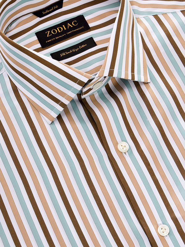 Vivace Camel Striped Full Sleeve Single Cuff Tailored Fit Semi Formal Silk Touch Egyptian Giza Cotton Shirt
