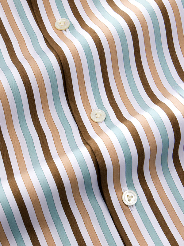 Vivace Camel Striped Full Sleeve Single Cuff Tailored Fit Semi Formal Silk Touch Egyptian Giza Cotton Shirt