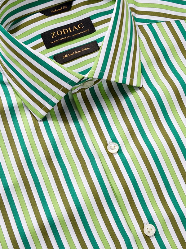 Vivace Green Striped Full Sleeve Single Cuff Tailored Fit Semi Formal Silk Touch Egyptian Giza Cotton Shirt