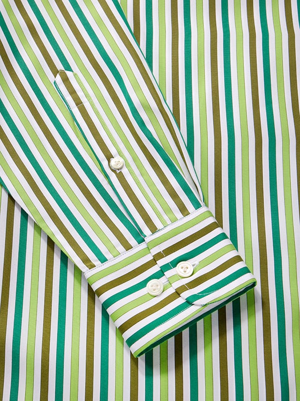 Vivace Green Striped Full Sleeve Single Cuff Tailored Fit Semi Formal Silk Touch Egyptian Giza Cotton Shirt