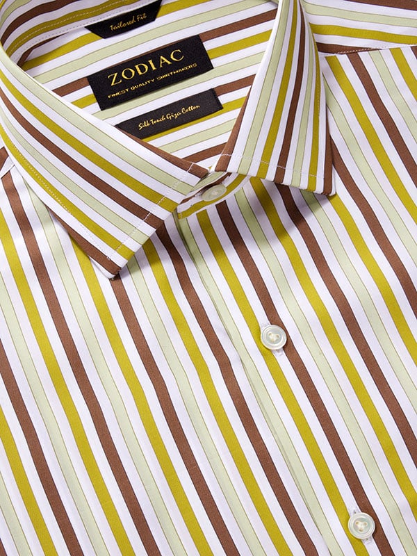 Vivace Olive Striped Full Sleeve Single Cuff Tailored Fit Semi Formal Silk Touch Egyptian Giza Cotton Shirt