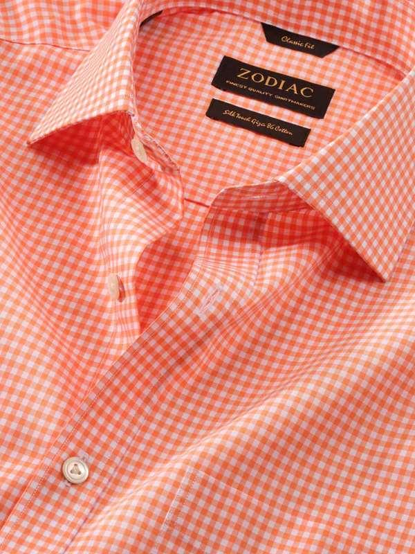 Vivace Orange Check Full Sleeve Single Cuff Classic Fit Semi Formal Silk Touch Egyptian Giza Cotton Shirt